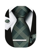 Plaid Ties for Men Classic Checkered Tie and Pocket Square Cufflinks G-green 3