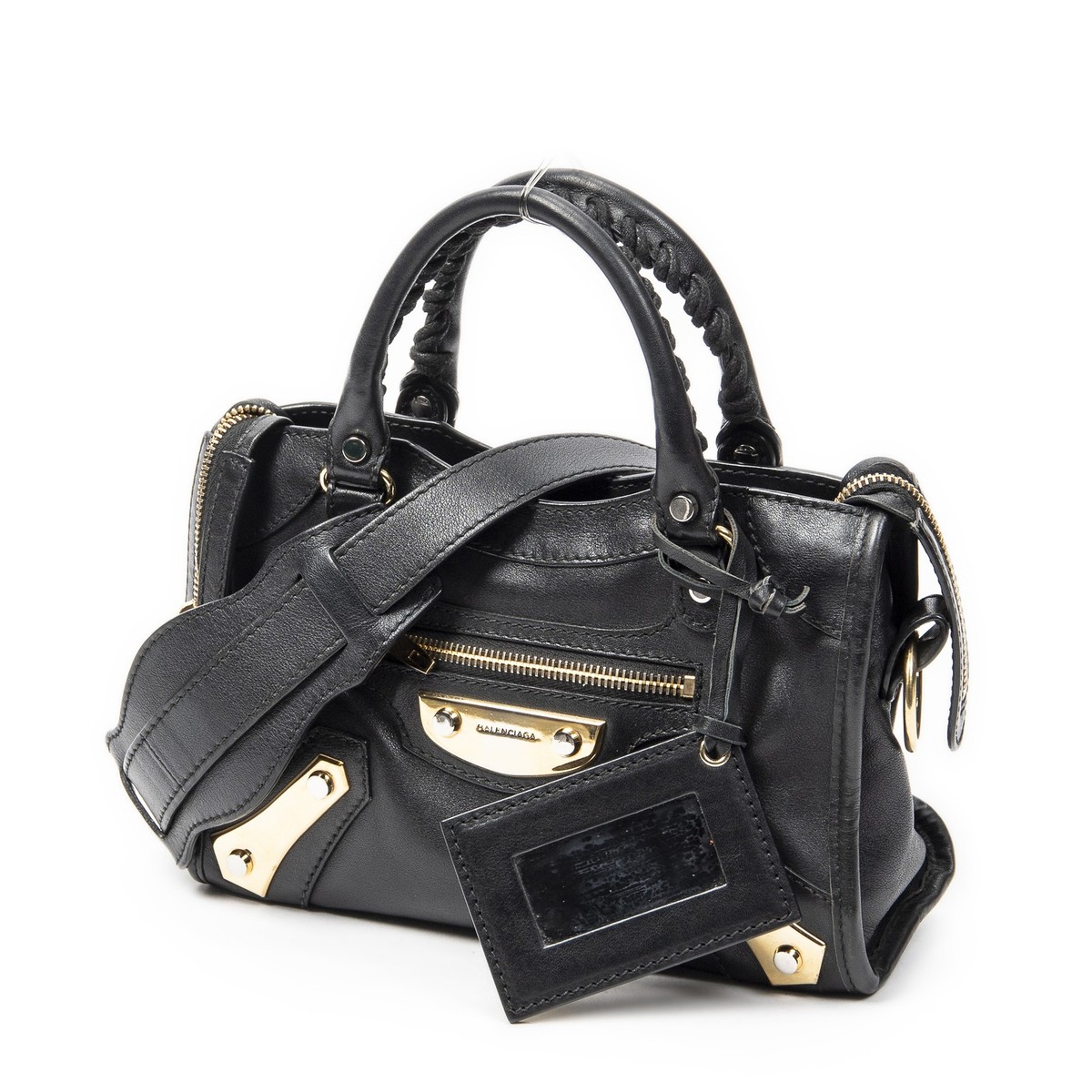 Balenciaga Black Mini City Metal Plate Shoulder Bag Calfskin