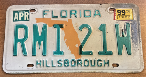 Florida License Plate RMI 21W – Hillsborough – (APR 99) - Good Condition - Afbeelding 1 van 6