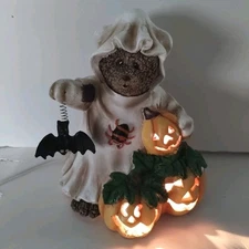 Halloween Bear Ghost Holding Bat JOL Light Up Tabletop Decoration Figurine READ