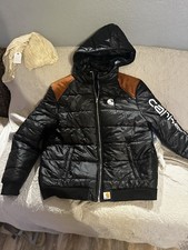 Carhartt Men’s L Hooded Puffer Jacket Black/Brown Yoke Quilted Full Zip