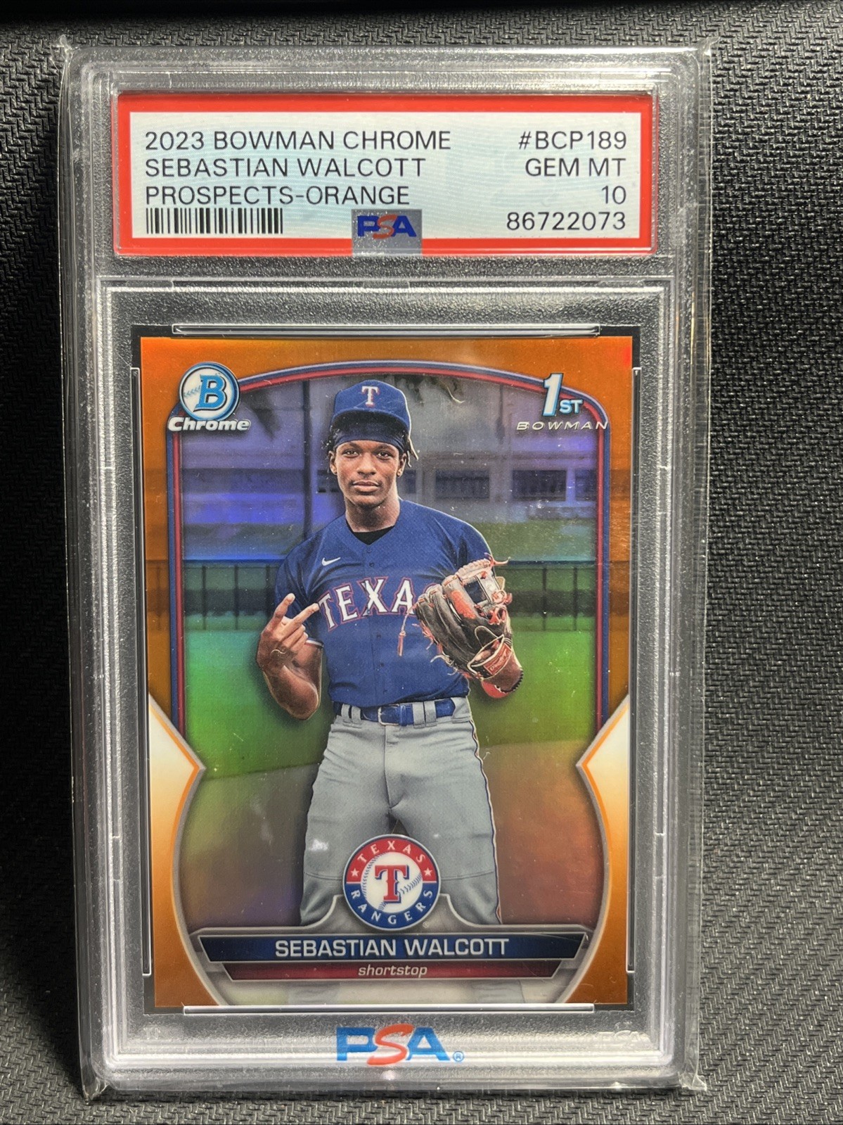 2023 BOWMAN CHROME SEBASTIAN WALCOTT 1ST TRUE ORANGE REFRACTOR 20/25 PSA 10