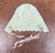 Vintage Handmade Crochet Baby Bonnet with Pink Ribbon