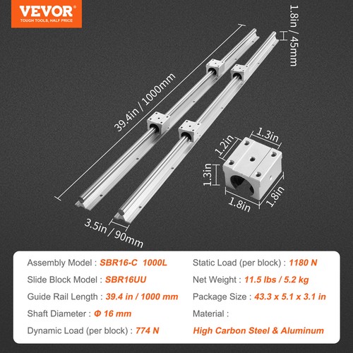 VEVOR 2PCS SBR16 1000mm Linear Guide Rail Slide Rail 4 PCS SBR16UU Bearing Block - Picture 7 of 12