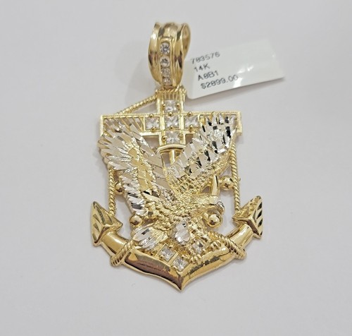 Real 14k Yellow Gold Charm Eagle Anchor Pendant With White gold and stone Men's - Picture 6 of 7