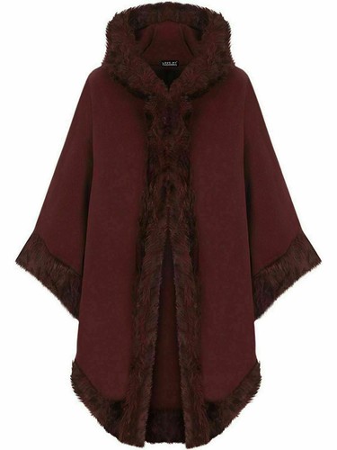 WOMEN CELEBRITY PONCHO LADIES DESIGNER FAUX FUR TRIM HOODED CAPE SHAWL UK 1size - Picture 11 of 13