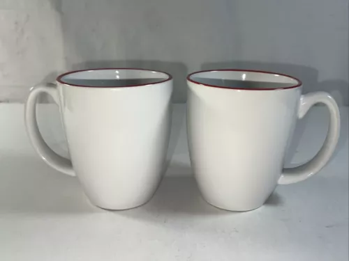 Corelle Stoneware Coffee Cups Mugs  White  With Red Rim 12 oz. (2)