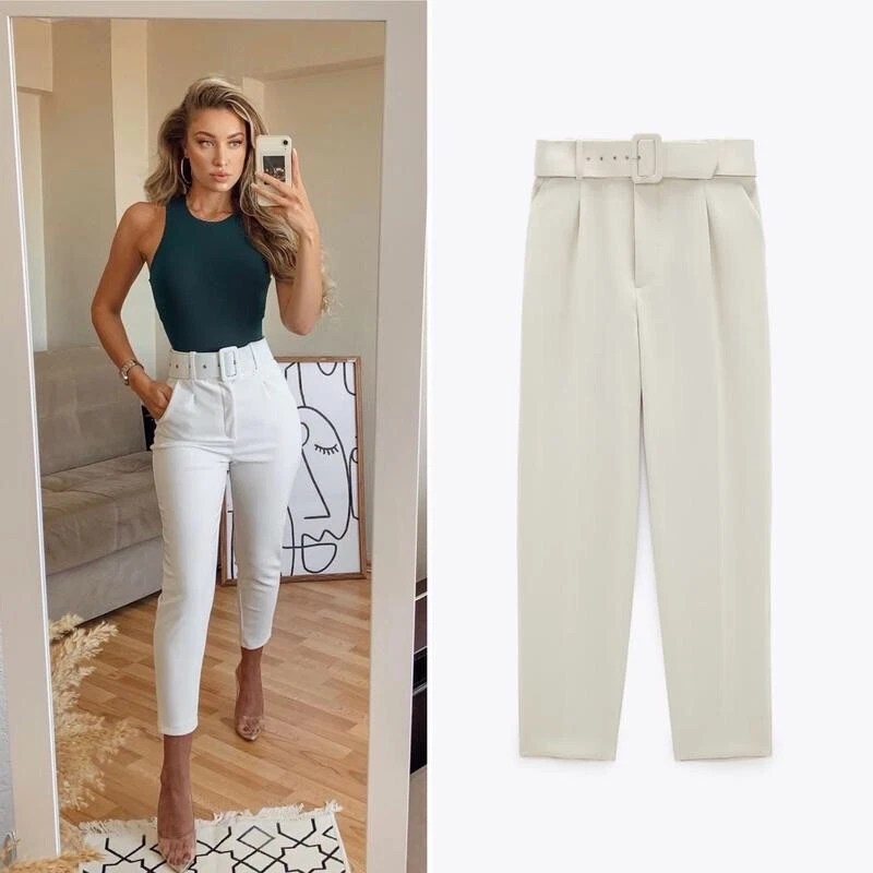 Zara Women High Waisted Belted Pants Ecru 4387/030