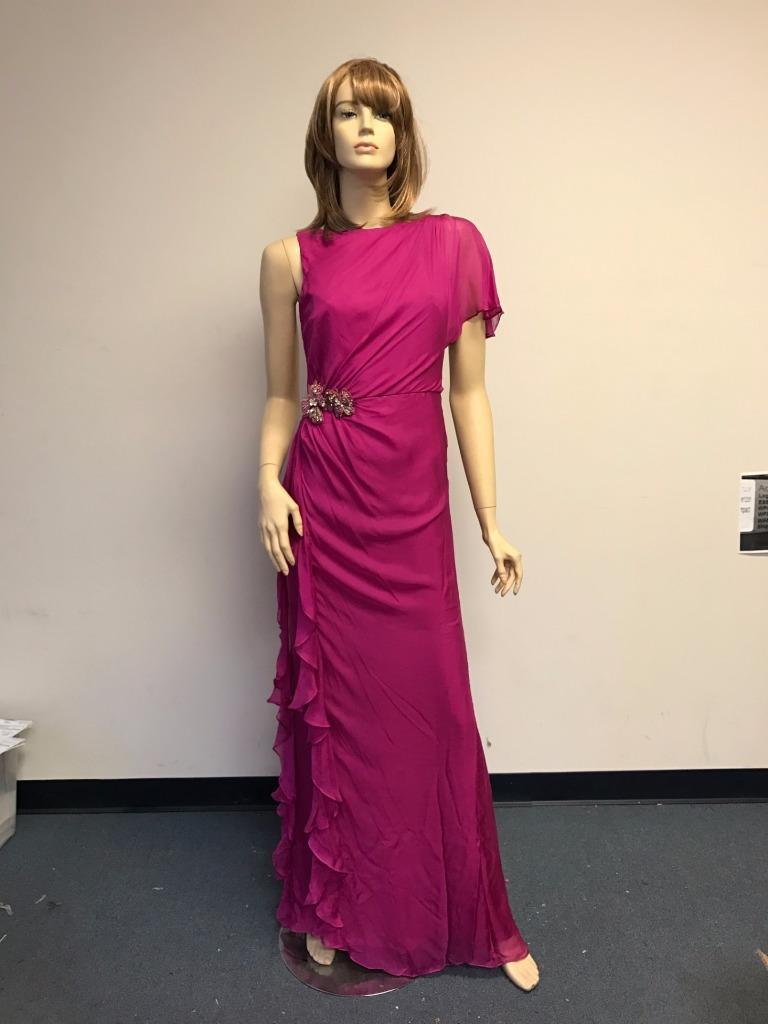 Badgley Mischka Fuchsia Women's Asymmetrical Gown Side Ruffle SILK Dress  Long