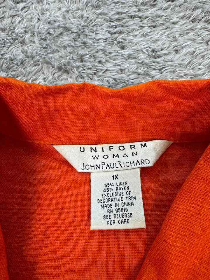 Blusa John Paul Richard Uniforme Top Mujer 1X Naranja Lino Floral Bordada Foto 3 de 4