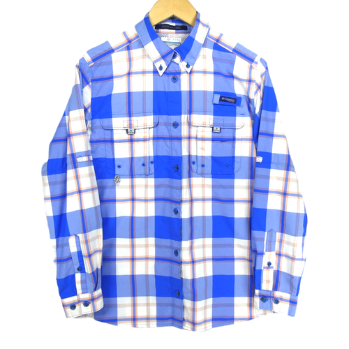 NEW Columbia PFG Women's Blue Medium Super Bahama Plaid Roll Tab Sleeve Shirt  - Picture 1 of 14