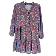 American Eagle Womens Mini Dress Small Burgundy Floral Button Tiered Lined Boho