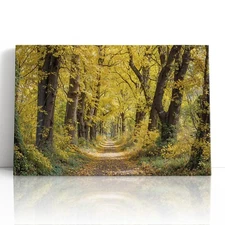 Autumn Forest Trail Canvas Print Wall Art – Golden Trees & Leaf-Covered Pathway