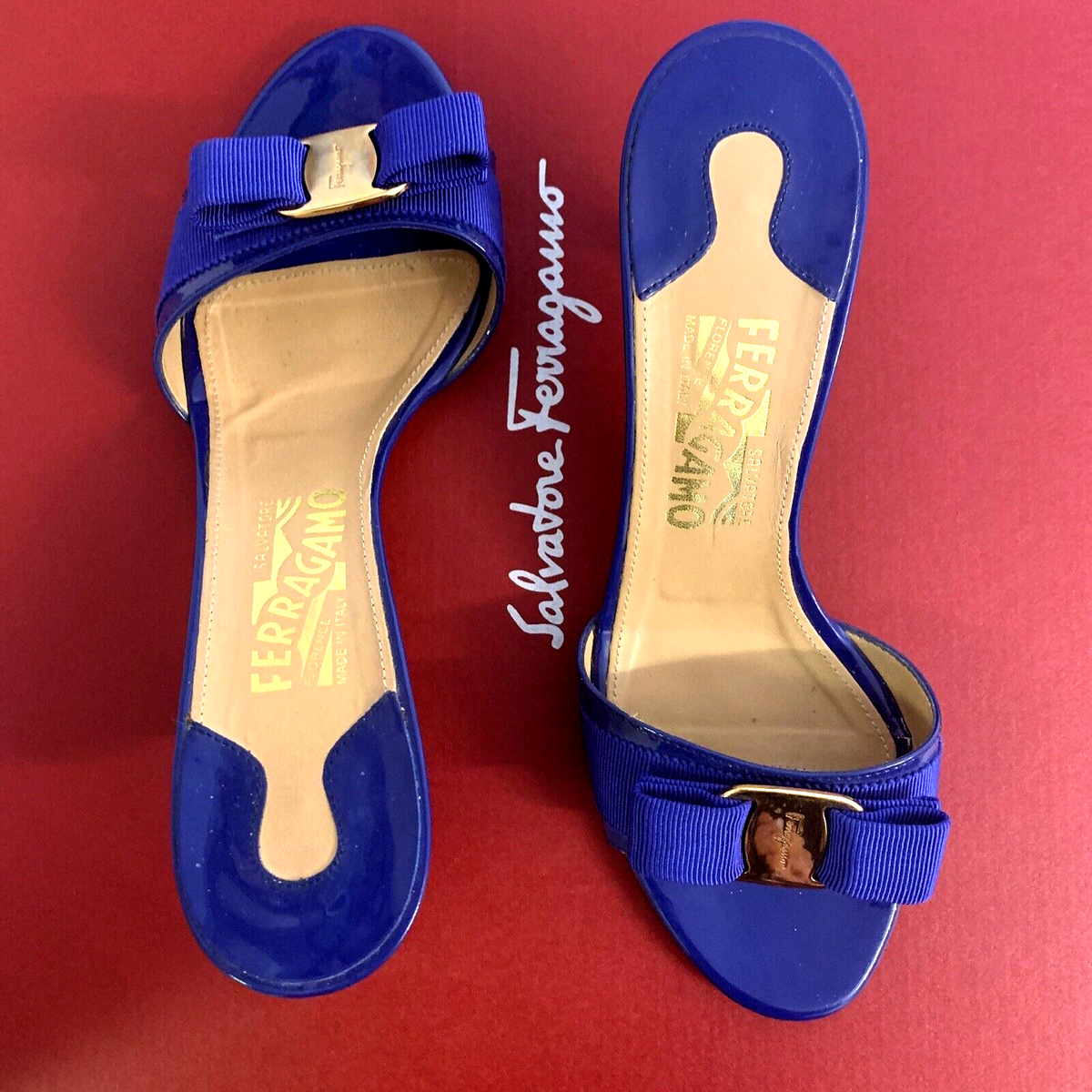 サンダル・ミュール Ferragamo Leather Mules With Bow Salvatore Ferragamo Royal Blue Patent Leather Bow Slide