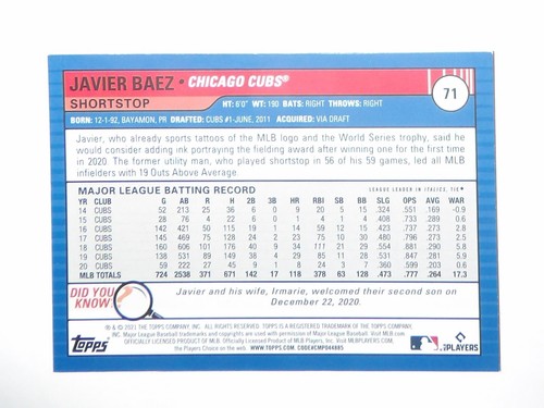 Cubs 2021 Topps Big League Veterans & Rookies Orange Javier Baez #71 FREE SHIP - Picture 2 of 2