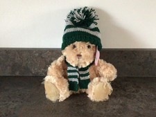 BRAND NEW HAND KNITTED GREEN GREY STRIPED HAT SCARF ON SMALL BEIGE SOFT BEAR