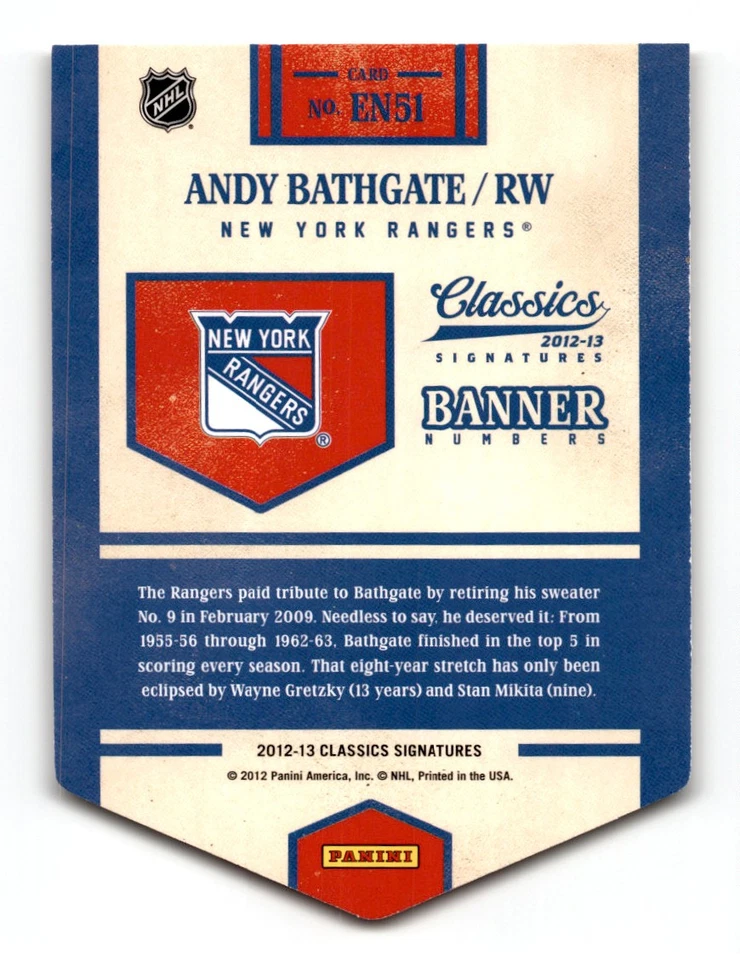 Andy Bathgate 2012-13 Panini Classics Signatures Banner Numbers #EN51 New York - Image 2 of 2