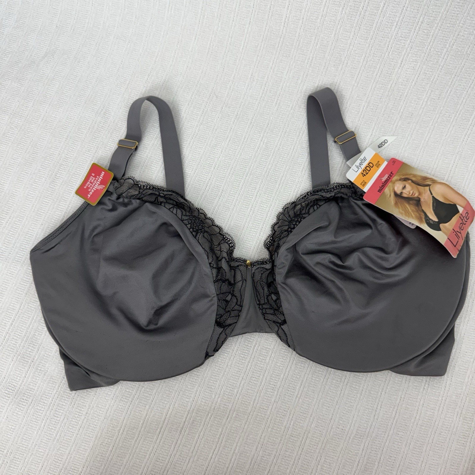 NEW Lilyette Minimizer Bra 42DD Gray Lace Underwire Full Coverage