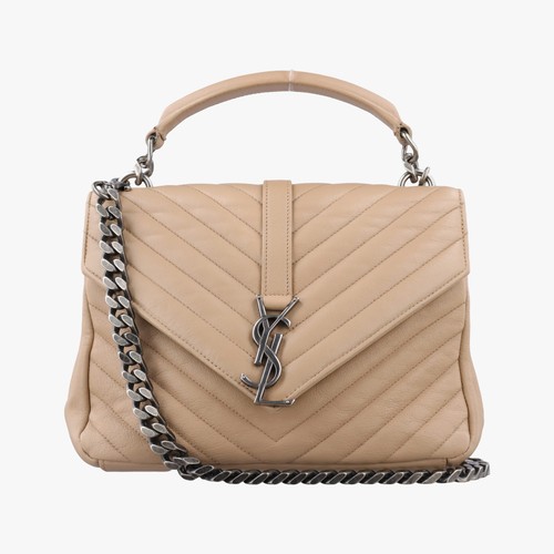 Yves Saint Laurent College Shoulder Crossbody Bag Leather Beige 428056
