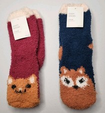 Cozy Fuzzy Animal Socks 2 Pair Bundle Fox Cat Plush Soft Lounge Socks NWT