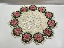 Vintage Handmade Crochet Doily Pink Rose Flor...