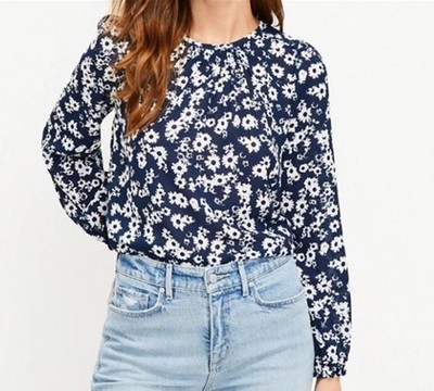 LOFT Navy Floral Long Sleeve Blouse Women s Medium NWT Keyhole Back