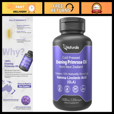 Evening Primrose Oil 1300mg - Non-GMO, Gluten-Free, 120 Softgels, Natural Health