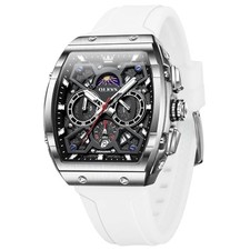 Tonneau Square Mens Watches, Fashion Large Face Black Dial/White Strap