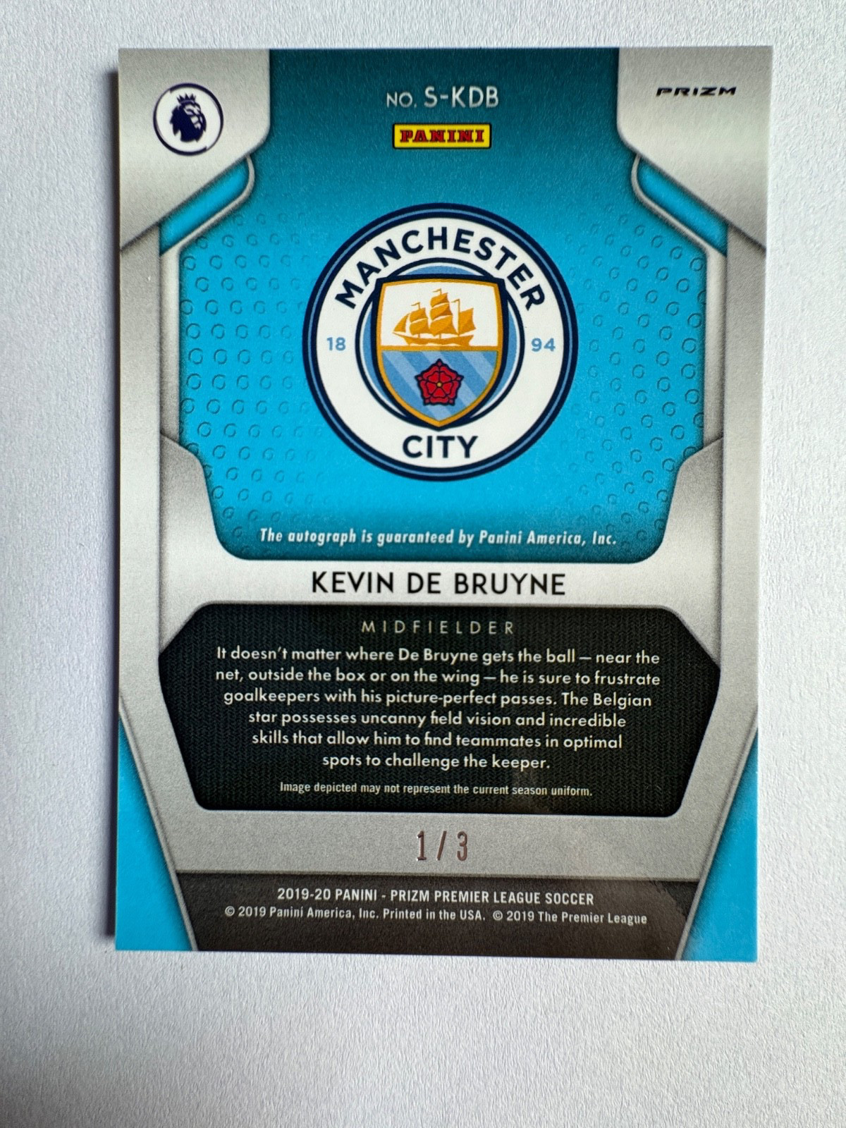2019 Panini Breakaway Prizm PL Soccer Kevin De Bruyne Auto /3 view 2