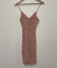 Paper Moon Ruched Mesh Bodycon Dress Pink Rhinestone Drawstring Midi Size M