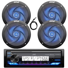 Marine Bluetooth Receiver, 4x 5.25" 180W Blue Flash LED Black Speakers, Antenna