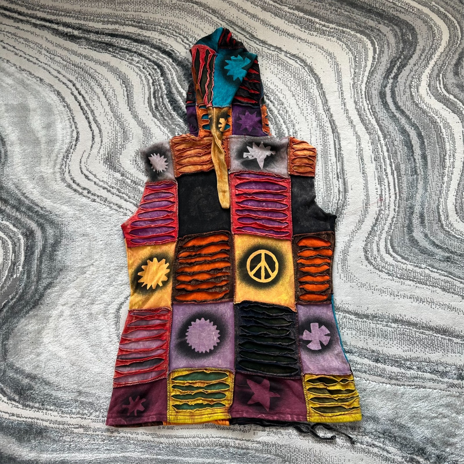 Women's VTG EzHippie Multicolour Patchwork Cotton XXL Sleeveless Full Zip Hoodie image 6