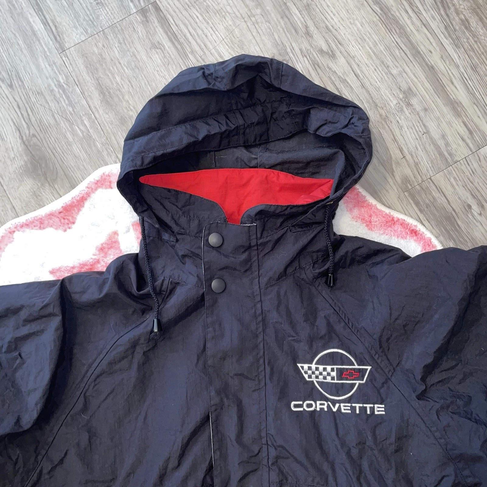 Vintage 90s California Chevrolet Corvette Black & Red Zip Up Jacket W/ Hood image 9