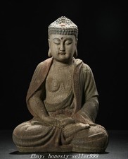 9.8" Old China Dynasty Wood Carved Shakyamuni Sakyamuni Amitabha Buddha Statue