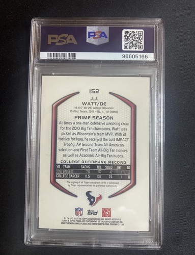 2011 Topps Prime #152 J J Watt RC Auto Houston Texans /450 PSA 7 Low Pop