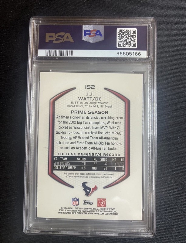 2011 Topps Prime #152 J J Watt RC Auto Houston Texans /450 PSA 7 Low Pop
