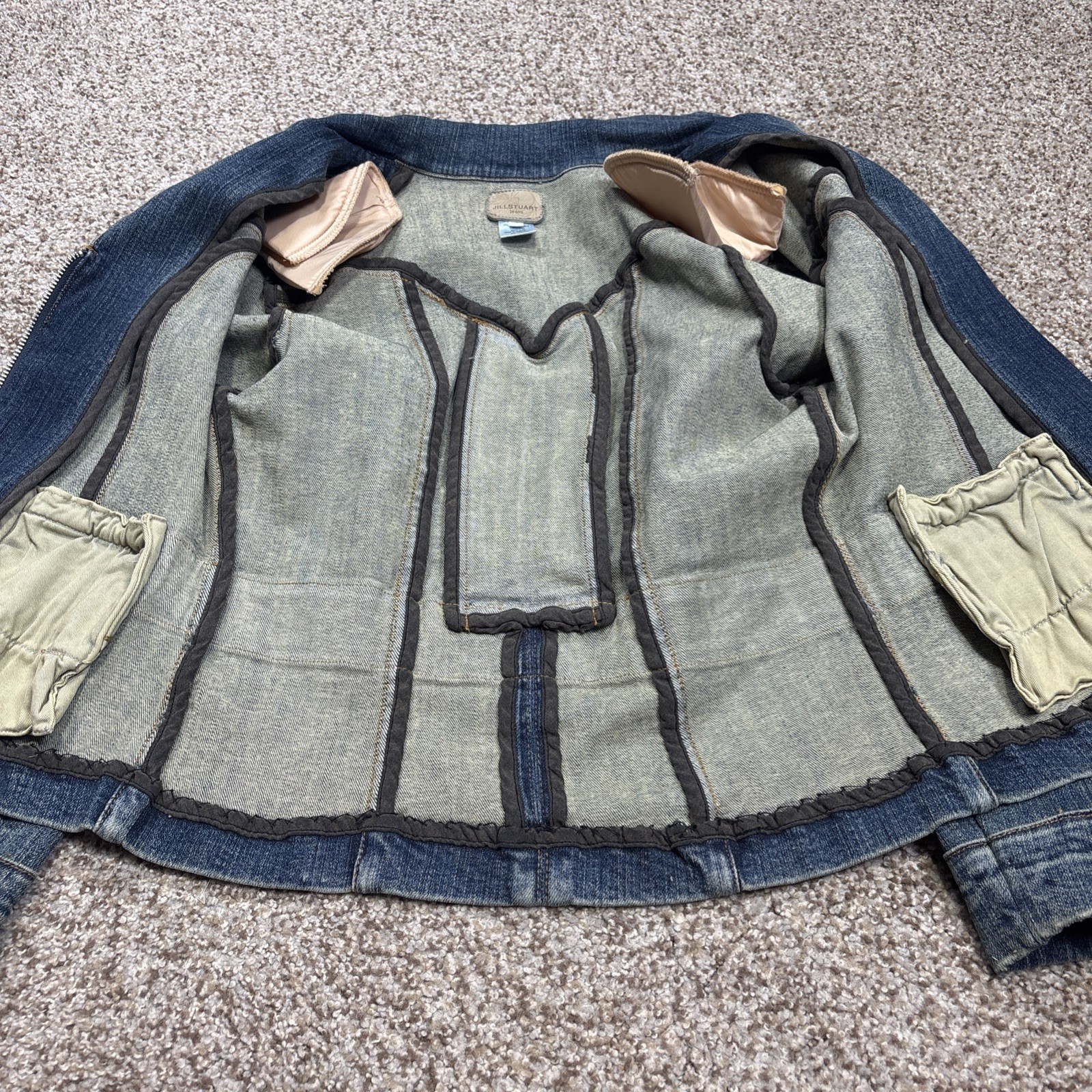 Jill Stuart Jeans Front Zip Denim Jacket Mid-Length V-Neck Blazer Size 3 - View 2