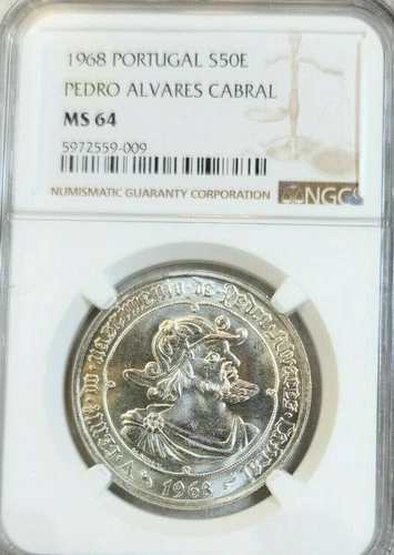 1968 PORTUGAL SILVER 50 ESCUDOS PEDRO ALVARES CABRAL NGC MS 64 PQ BU BEAUTY