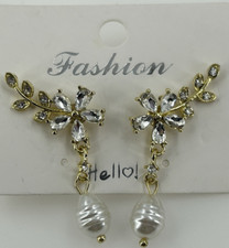Rhinestone Floral Climber Dangle Faux Pearl Drop Pierced Earrings