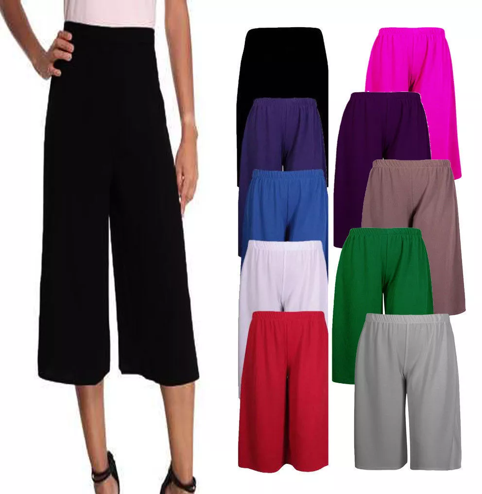 Womens Ladies 3 4 Length Cropped Wide Leg Culottes Trousers Pants