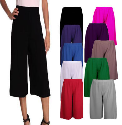 Womens Ladies 3/4 Length Cropped Wide Leg Culottes Trousers Pants Plus ...