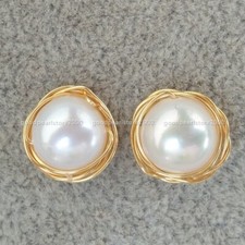 Stunning New Design Real 8x10mm White Akoya Pearl Earring 14k Gold P Stud