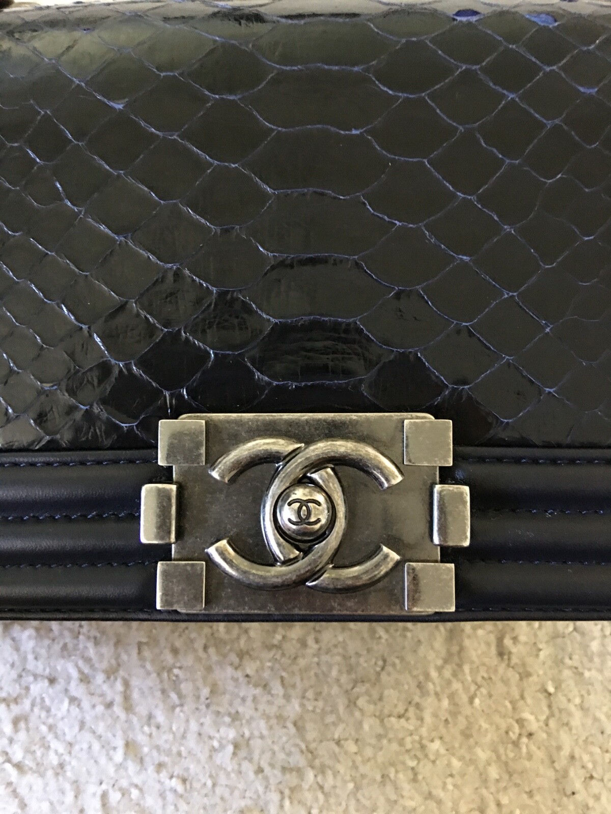 Chanel Navy Blue Python Small Boy Bag Ruthenium-F… - image 8