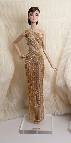 Evening Gown Dress Outfit Fits Silkstone Barbie FR Doll Handmade Gold Silver Bea - Picture 3 of 10