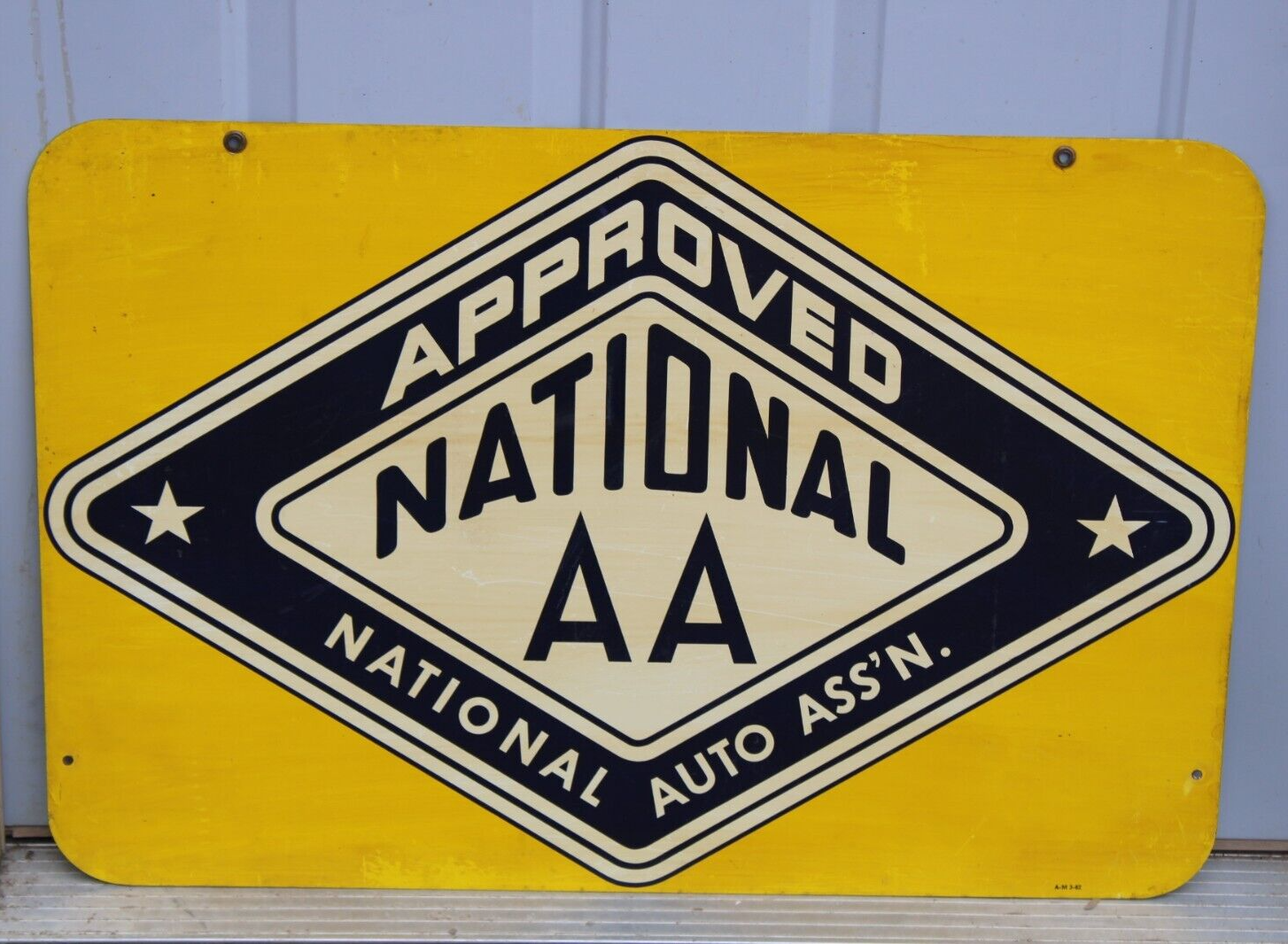 NICE dated 1982 NATIONAL AA AUTO ASS'N. Old 30x20 Dbl Sided Gas Station Tin Sign