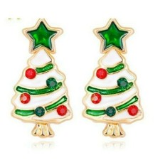 Christmas Tree Stud Earrings, Green and Red Rhinestones, Enamel