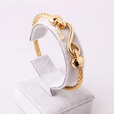 Stainless Steel Gold Tone Distorted Cable Chain Cuff Bangle Womens Mens Bracelet
