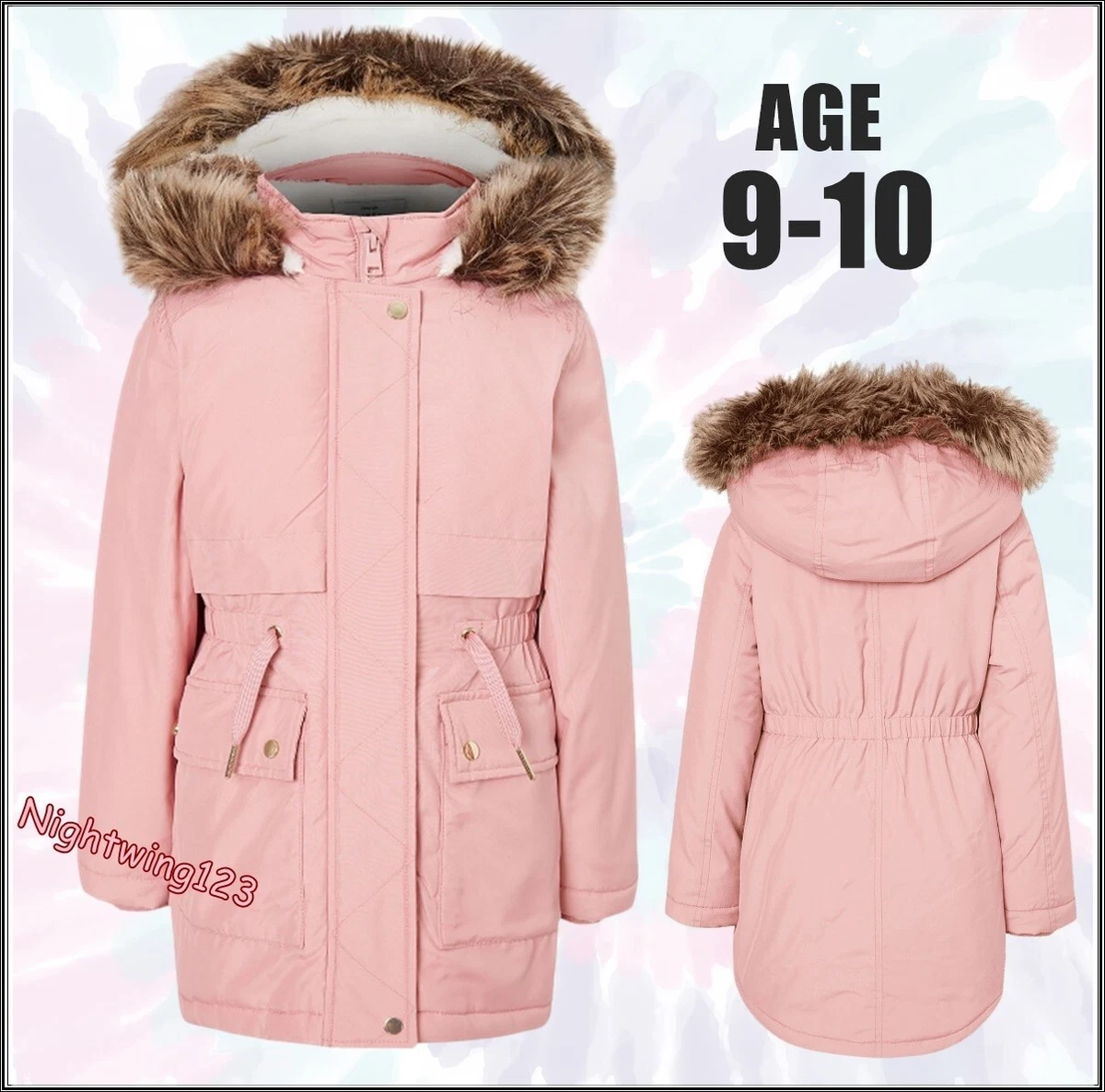 Girls Age 9 10 Pink Parka Winter Coat Jacket Faux Fur Lined Hood Warm Padded