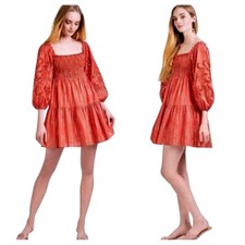 $395 NWT SACHIN & BABI Lola Dress Smocked Mini Dress Cutout Sleeve Orange SIZE S