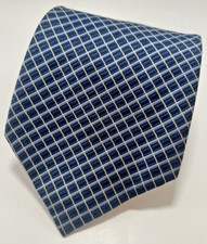 Men's Neck Tie Navy Blue w/ White Baby Blue Embroidered Checkered Pattern